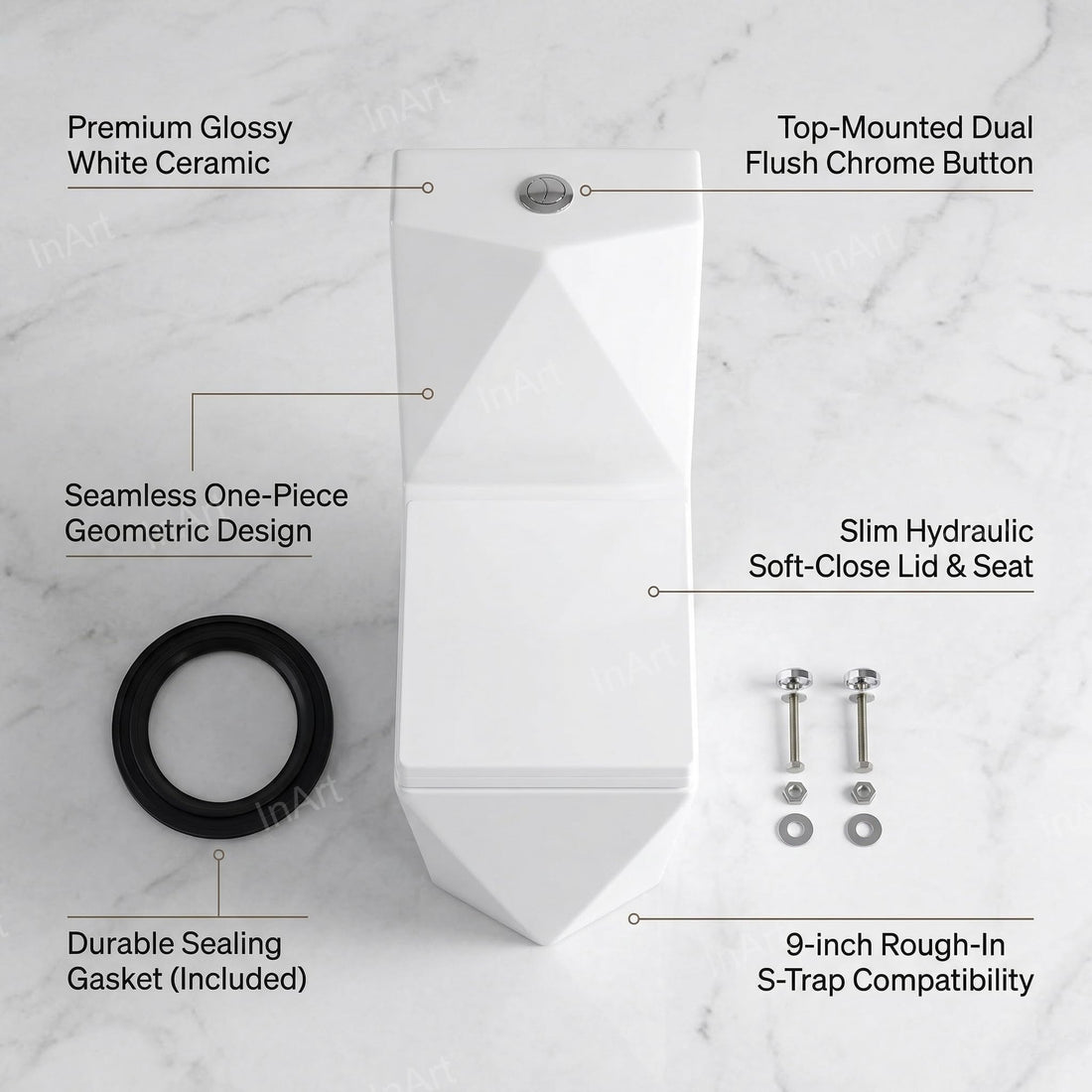 InArt one piece water closet price ceramic square western toilet commode in glossy white, front view