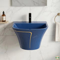 Blue glossy ceramic wall hung wash basin with half pedestal, modern bathroom basin design, angled view