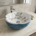 Table top wash basin round with glossy blue glazed finish, smooth rim and deep bowl detail close-up