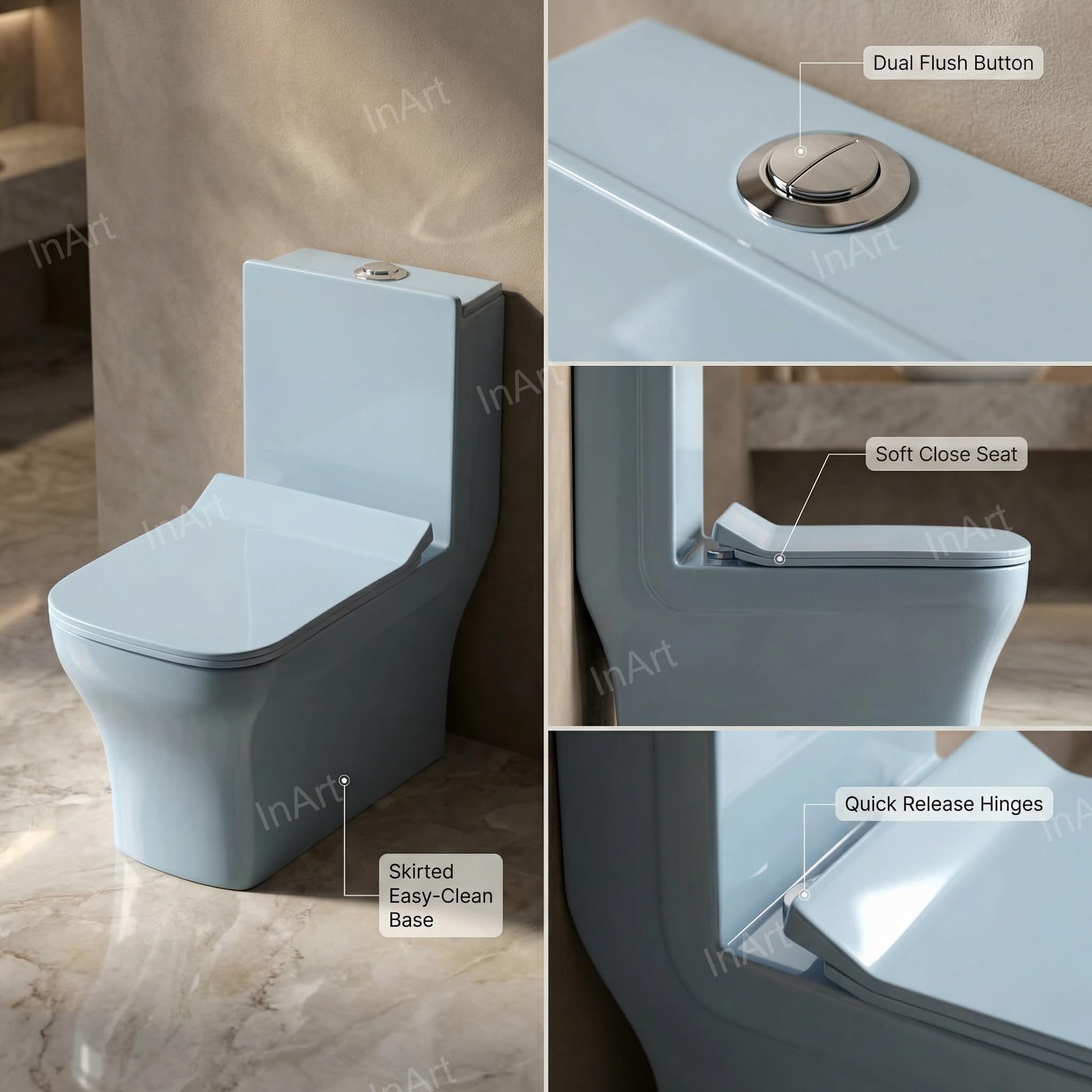 Compact western toilet for small bathroom, washdown one piece commode in light blue ceramic, rear angle view