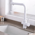 Kitchen sink tap with water filter shown at 3/4 angle, brass gooseneck swan tap in white finish