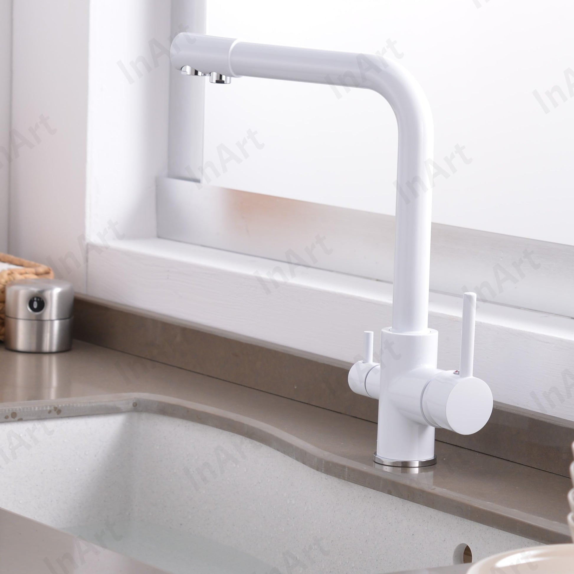 Kitchen sink tap with water filter shown at 3/4 angle, brass gooseneck swan tap in white finish