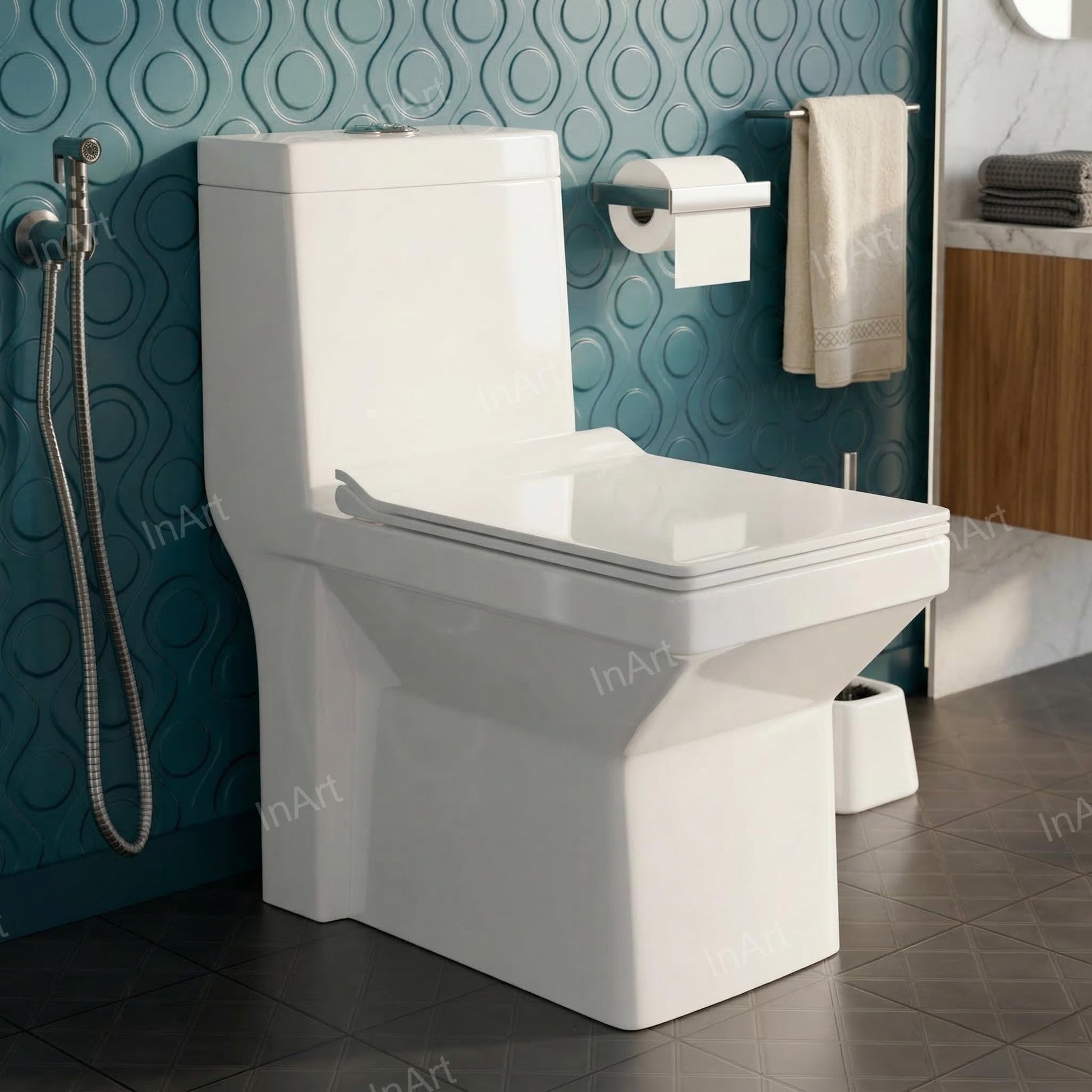 InArt ceramic floor mounted western toilet with soft close seat, glossy white square one-piece commode top view