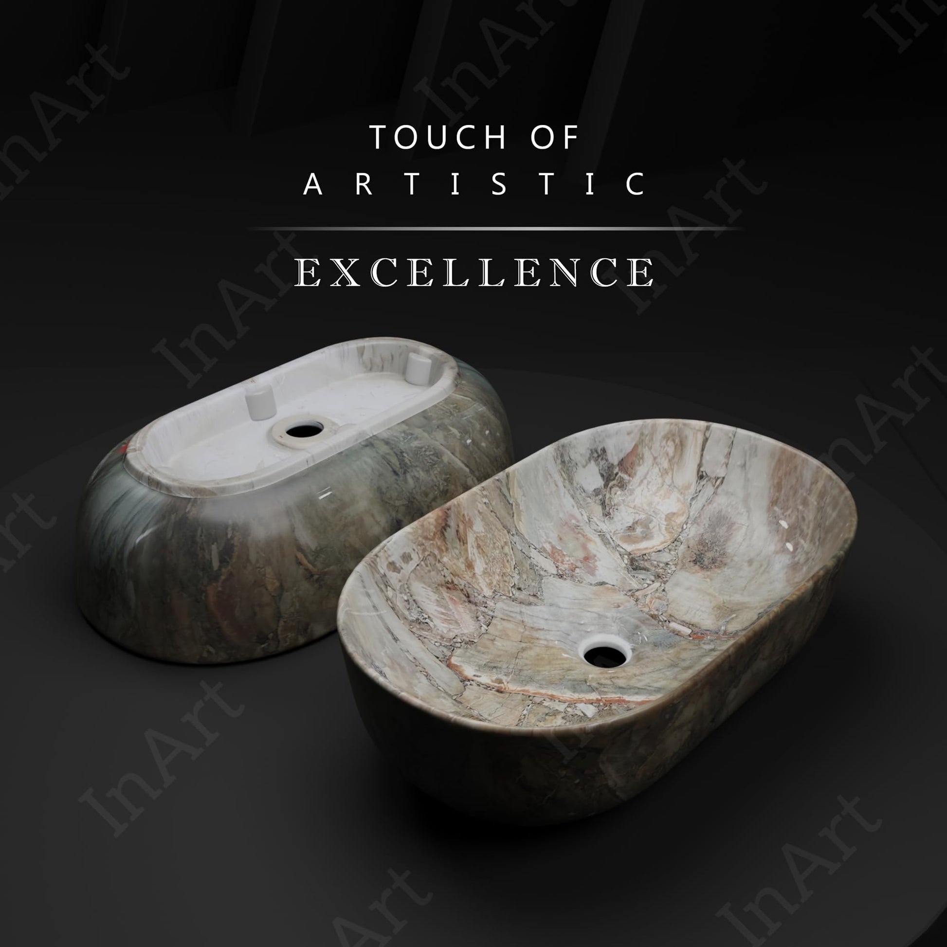 Close-up of InArt tabletop washbasin rim and smooth ceramic glaze, green marble design premium finish