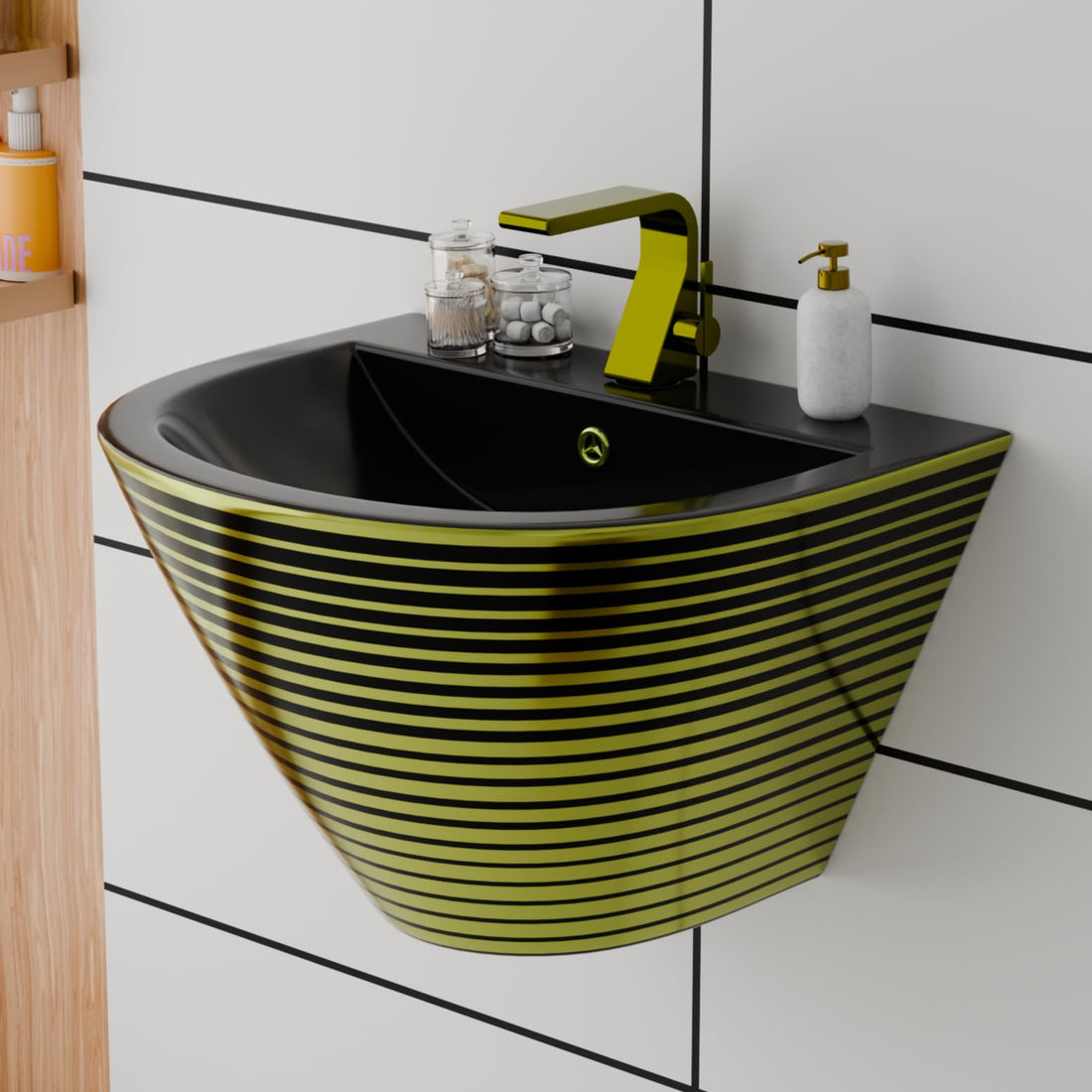 Cera half pedestal wash basin by InArt, ceramic rectangular wall hung sink in black with gold stripes