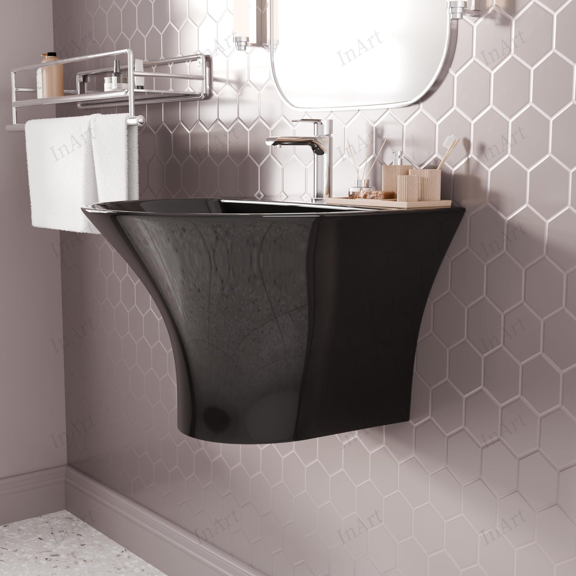 Modern bathroom wall mounted glossy black ceramic wash basin installed look