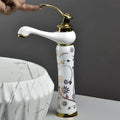 Close-up of InArt ceramic disc cartridge single lever basin tap, hot and cold water mixer in white gold finish
