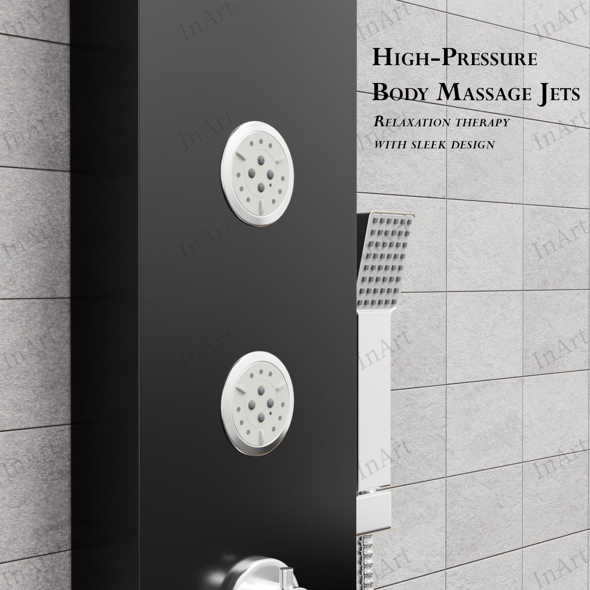 Tub spout detail on InArt matte black shower tower, rectangular stainless steel shower panel for washroom