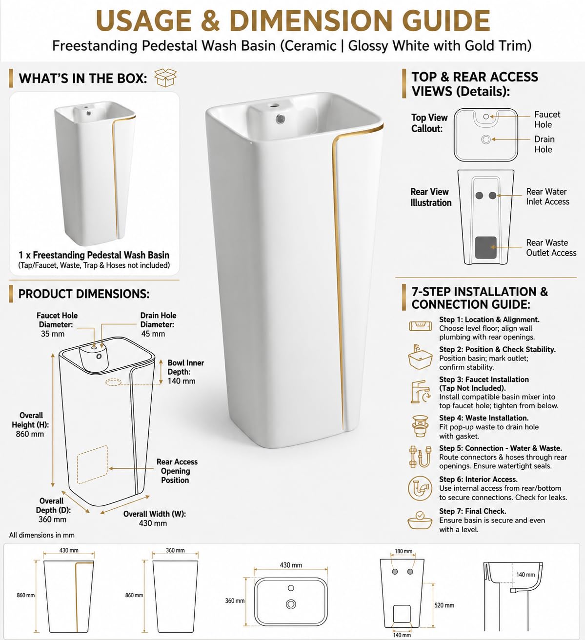 Round pedestal wash basin for small bathroom, free standing single piece ceramic in glossy white gold