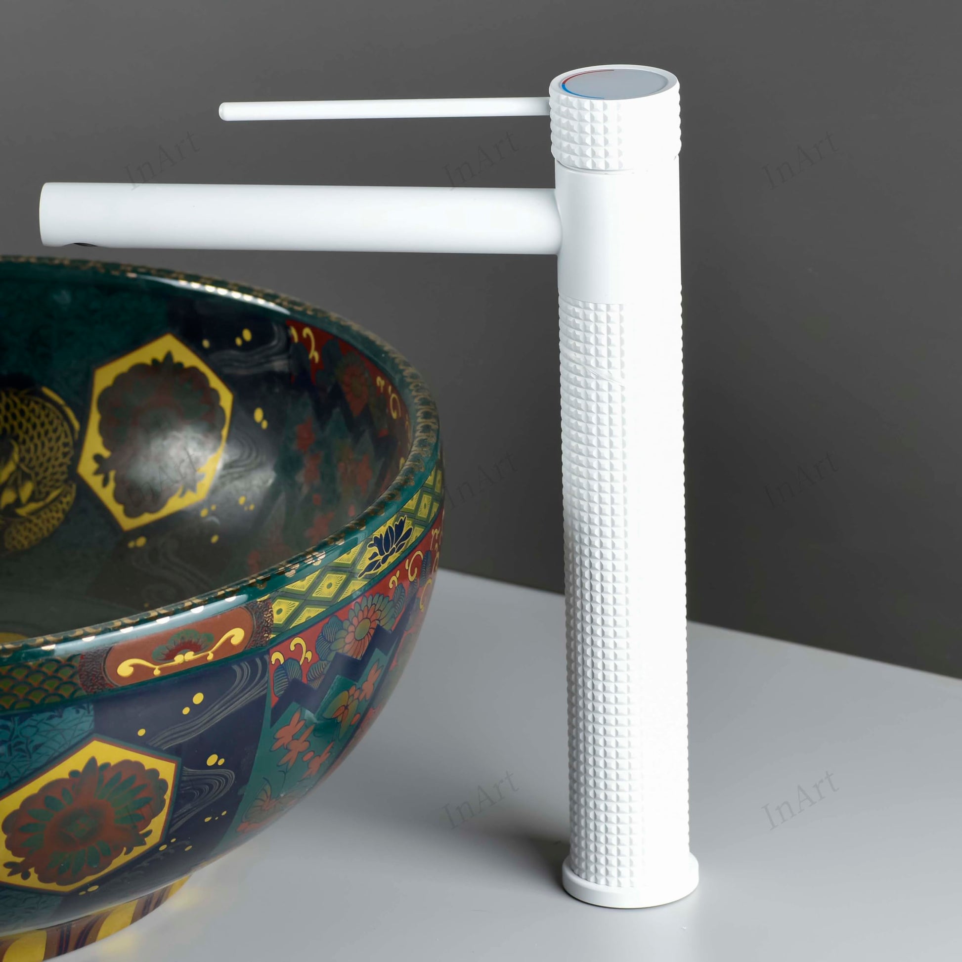 InArt single lever basin tap close-up of handle and white matte finish, brass body, hot and cold mixer