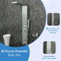 Wall mounted shower tower with massage body jets and handheld shower, side angle view in brushed nickel finish