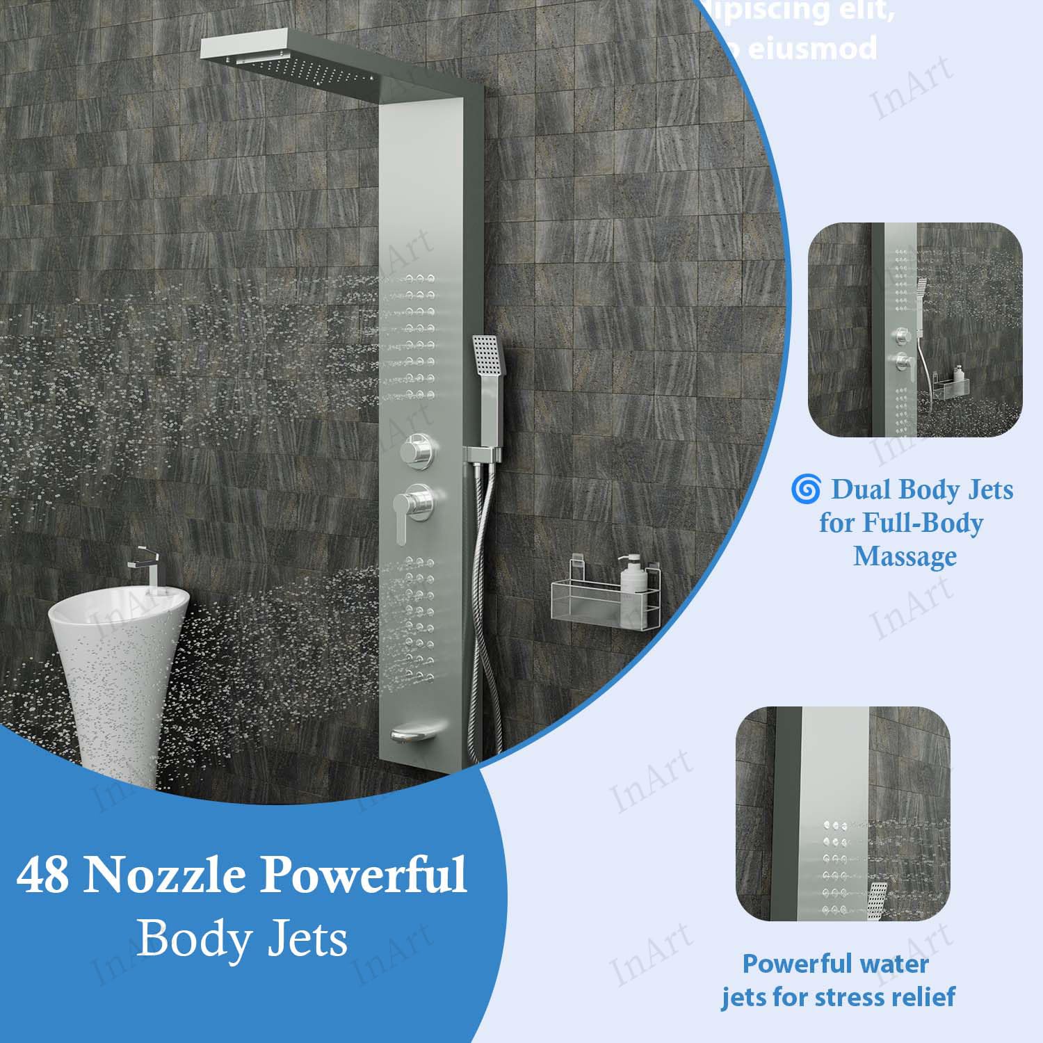 Wall mounted shower tower with massage body jets and handheld shower, side angle view in brushed nickel finish