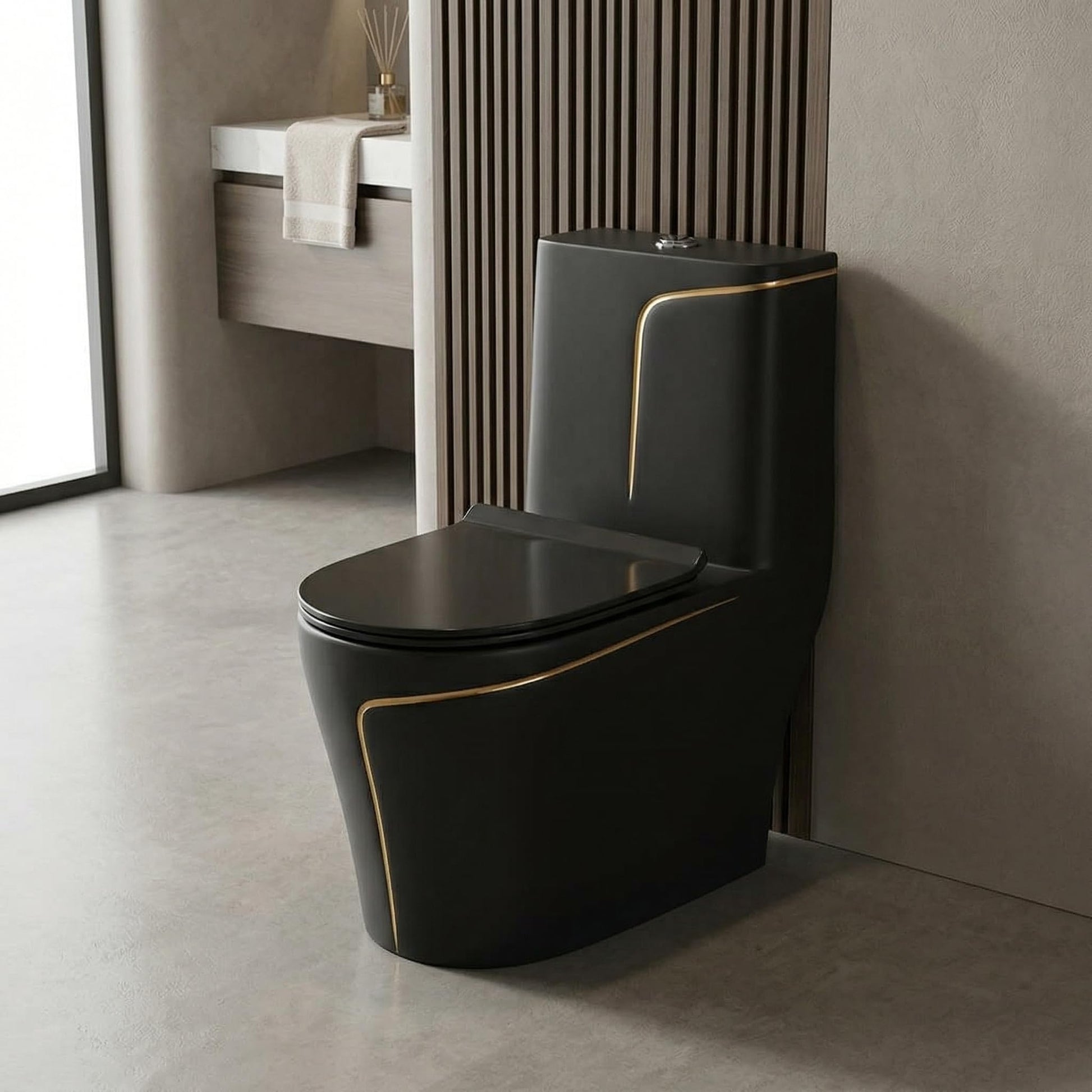 InArt ceramic floor mounted western toilet, rimless one piece oval water closet in gold black finish