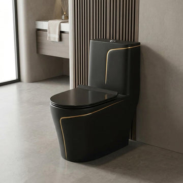 InArt ceramic floor mounted western toilet, rimless one piece oval water closet in gold black finish