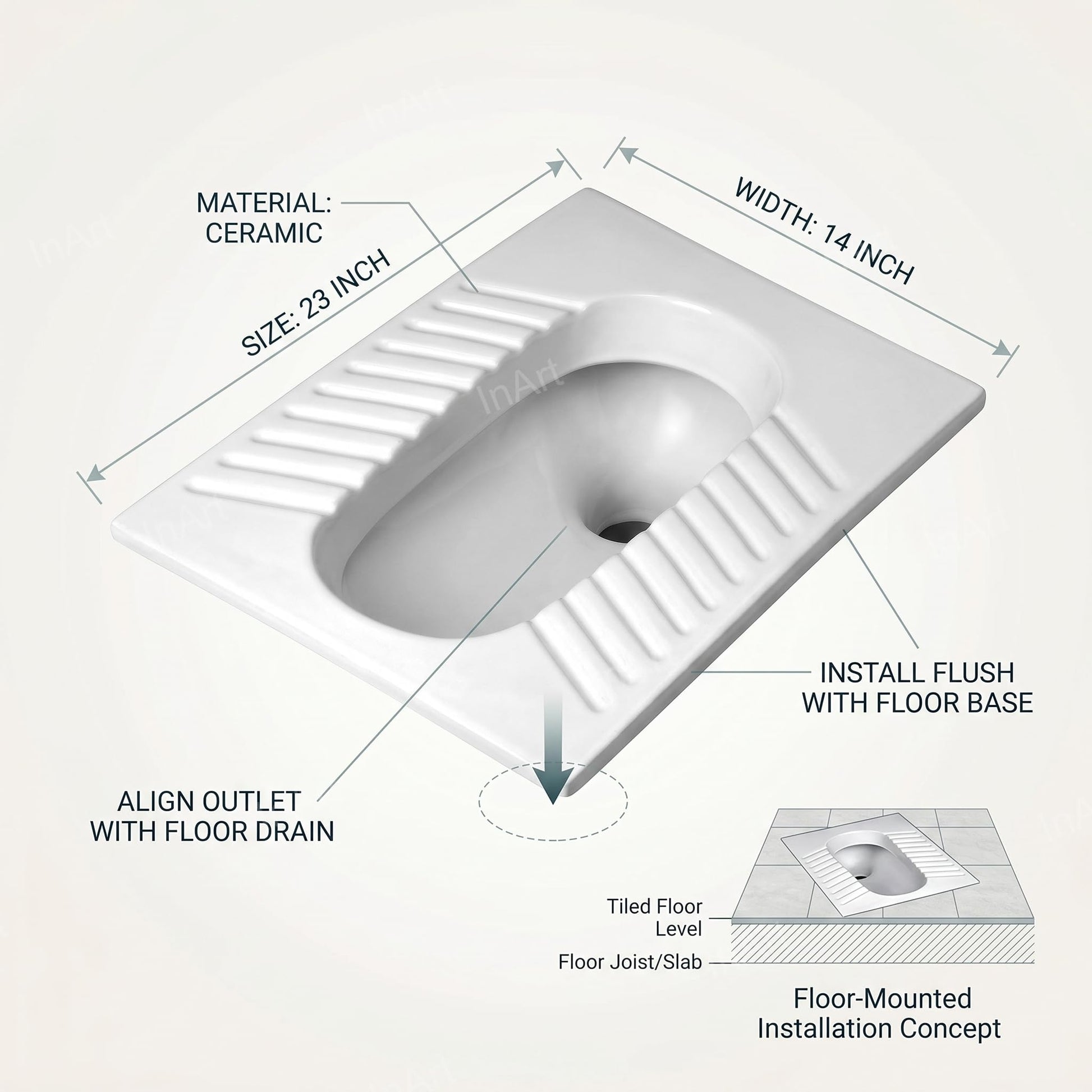 Rectangular ceramic Orissa pan for bathroom use in white colour