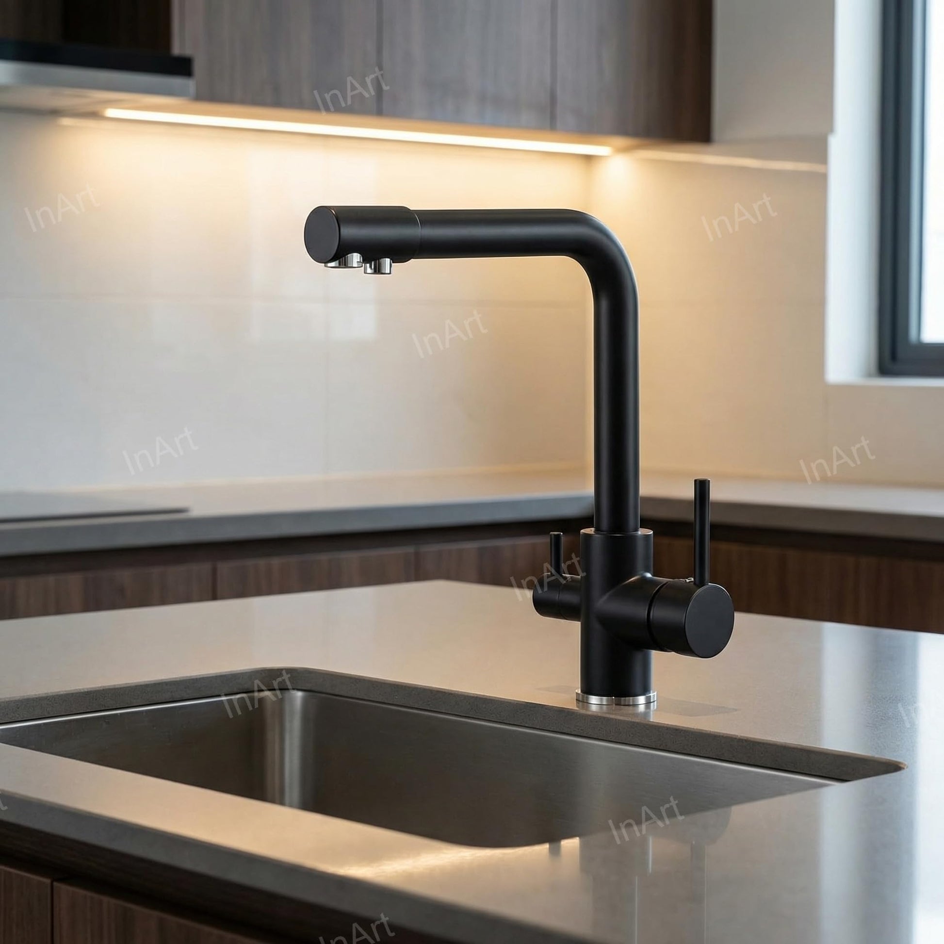InArt 3 way sink tap with separate filtered water outlet, matte black brass kitchen sink gooseneck faucet