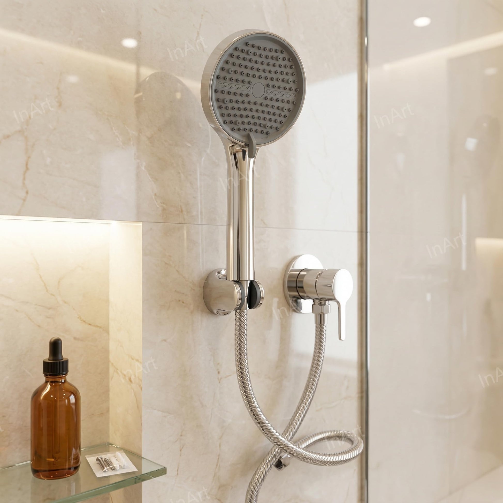 InArt bathroom hand shower set showing 5 spray functions on round chrome ABS handset, close-up
