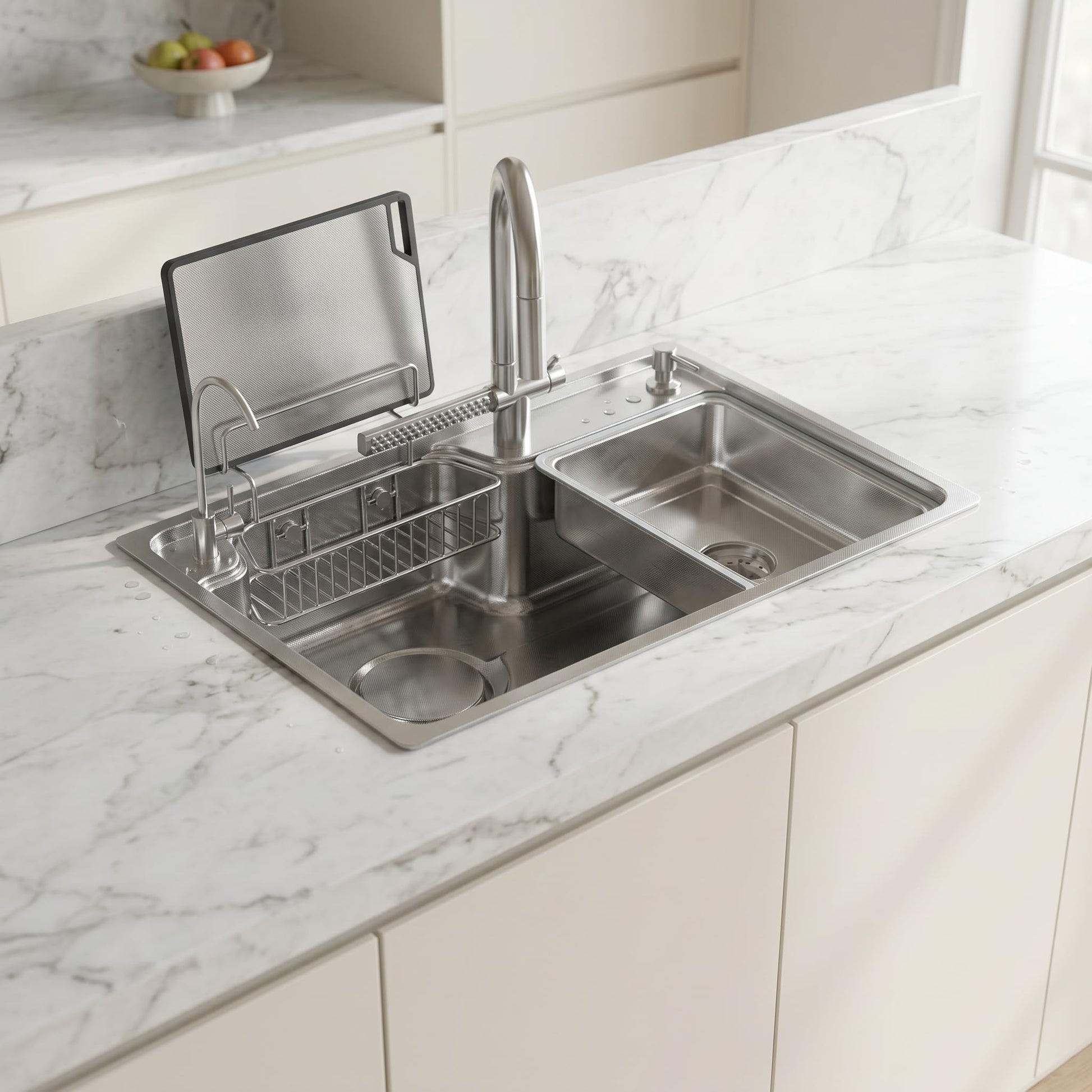 Kitchen sink with soap dispenser and water tap, top view with SS cutting board, strainer basket and drain assembly