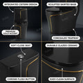 Soft-close toilet seat detail on black gold ceramic commode