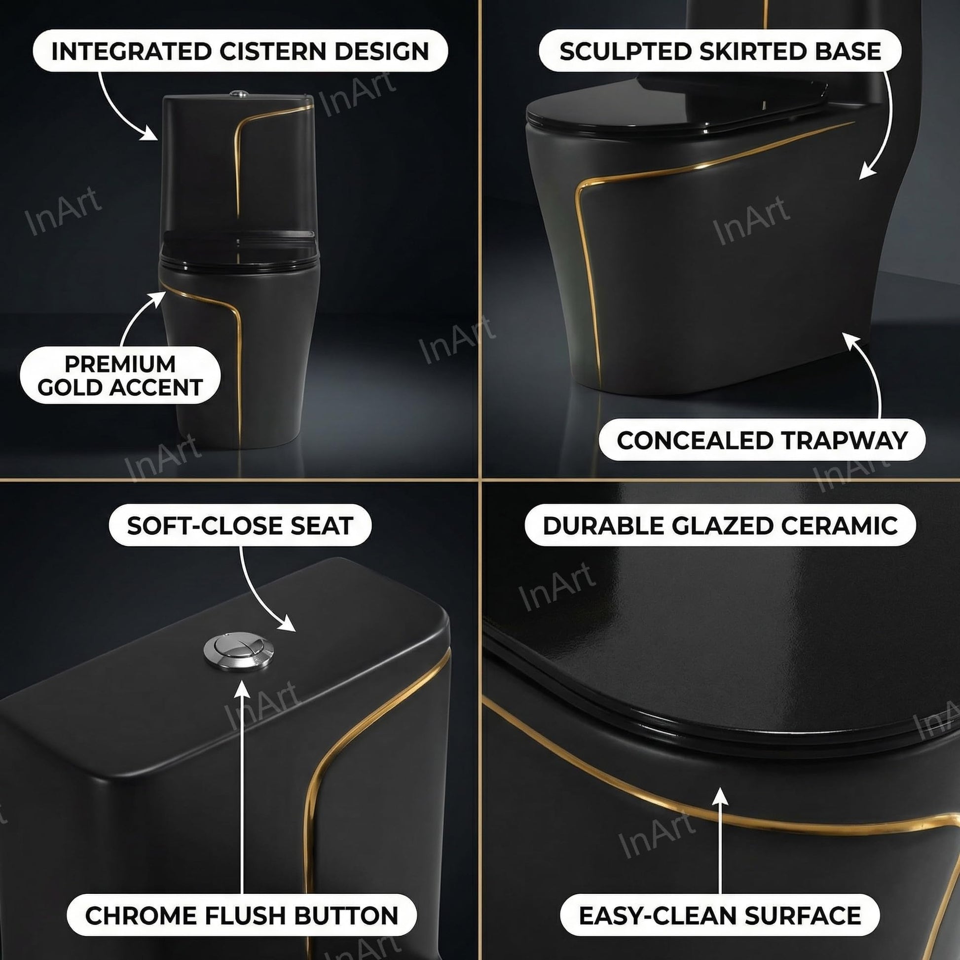 Soft-close toilet seat detail on black gold ceramic commode