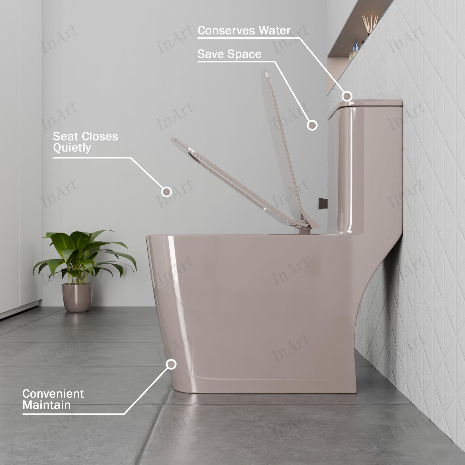 InArt one piece closet in pink finish, modern square ceramic commode for premium bathroom sanitaryware