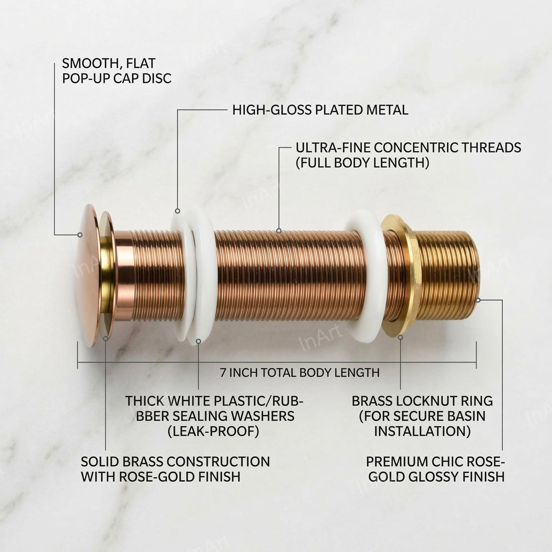 InArt brass wash basin pop up stopper in rose gold glossy finish, full thread waste coupling