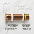 Bathroom sink pop up stopper rose gold brass, angled view of popup waste coupling for wash basin