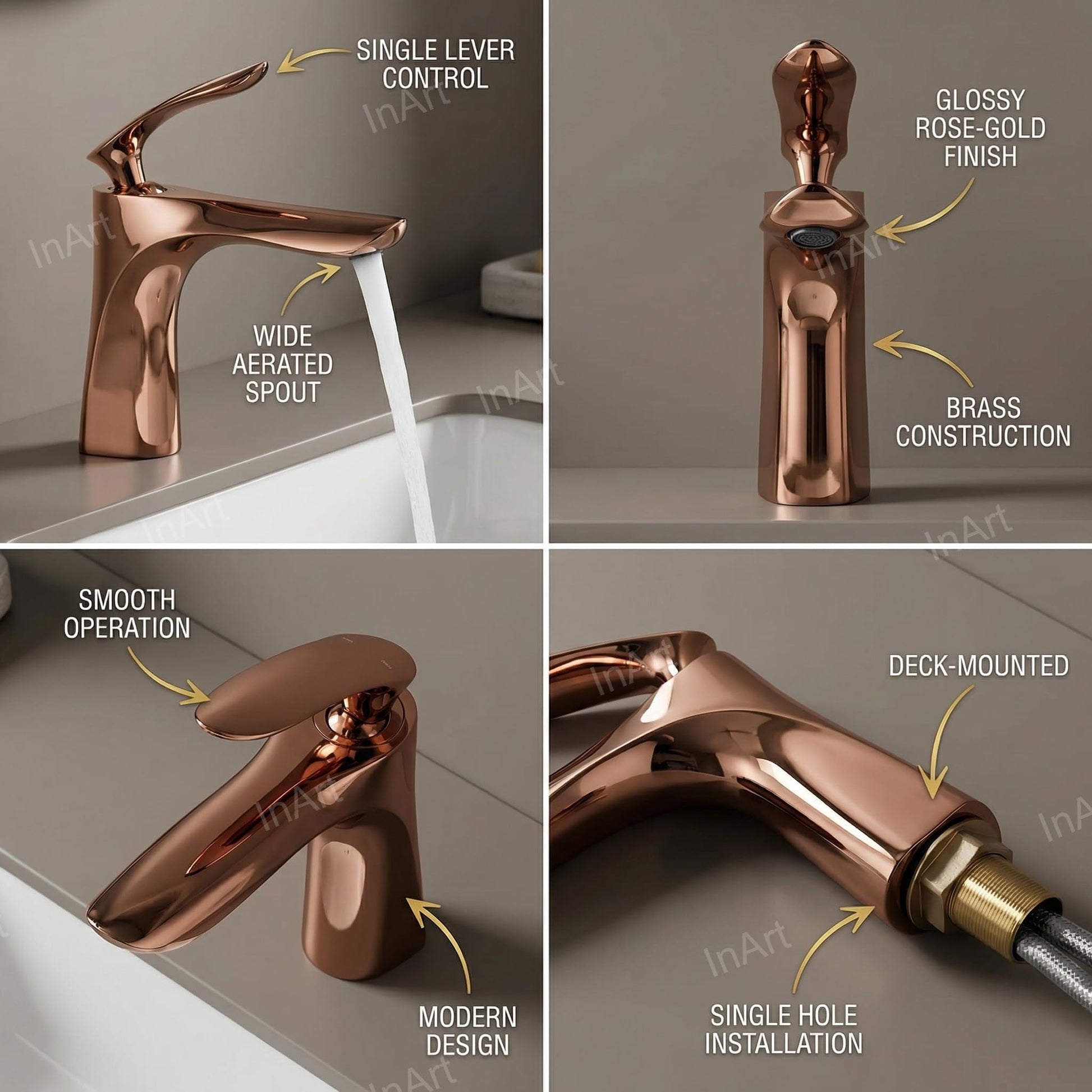 Modern bathroom basin tap in rose gold plated finish, single lever deck mixer, 3/4 view