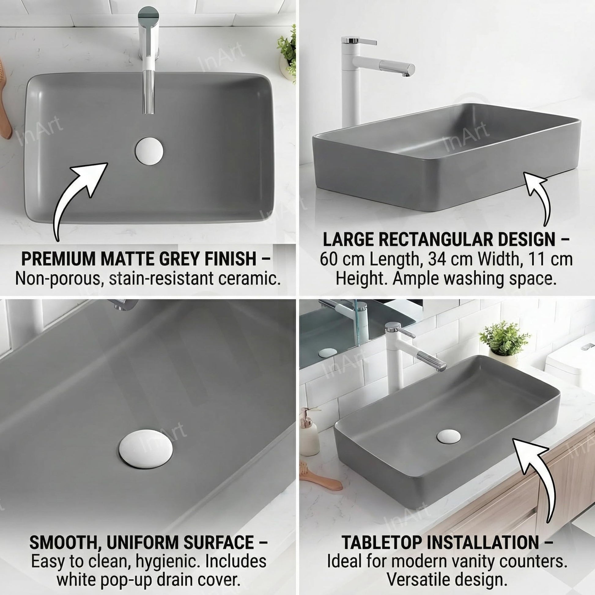 InArt modern table top wash basin design, matt grey rectangular basin, side angle for bathroom table top
