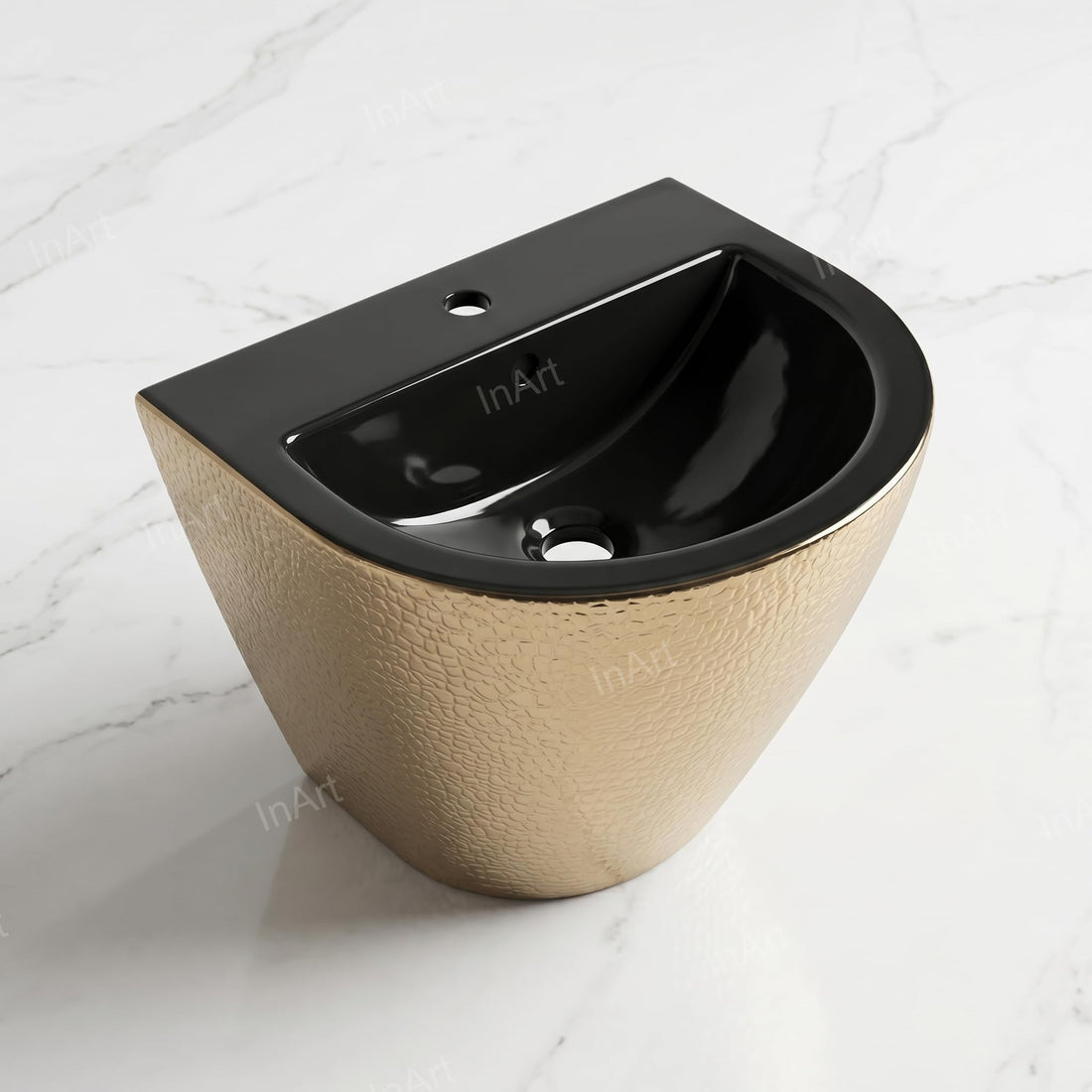 Wash basin waste coupling ready InArt ceramic rectangular wall hung half pedestal wash basin in black gold finish