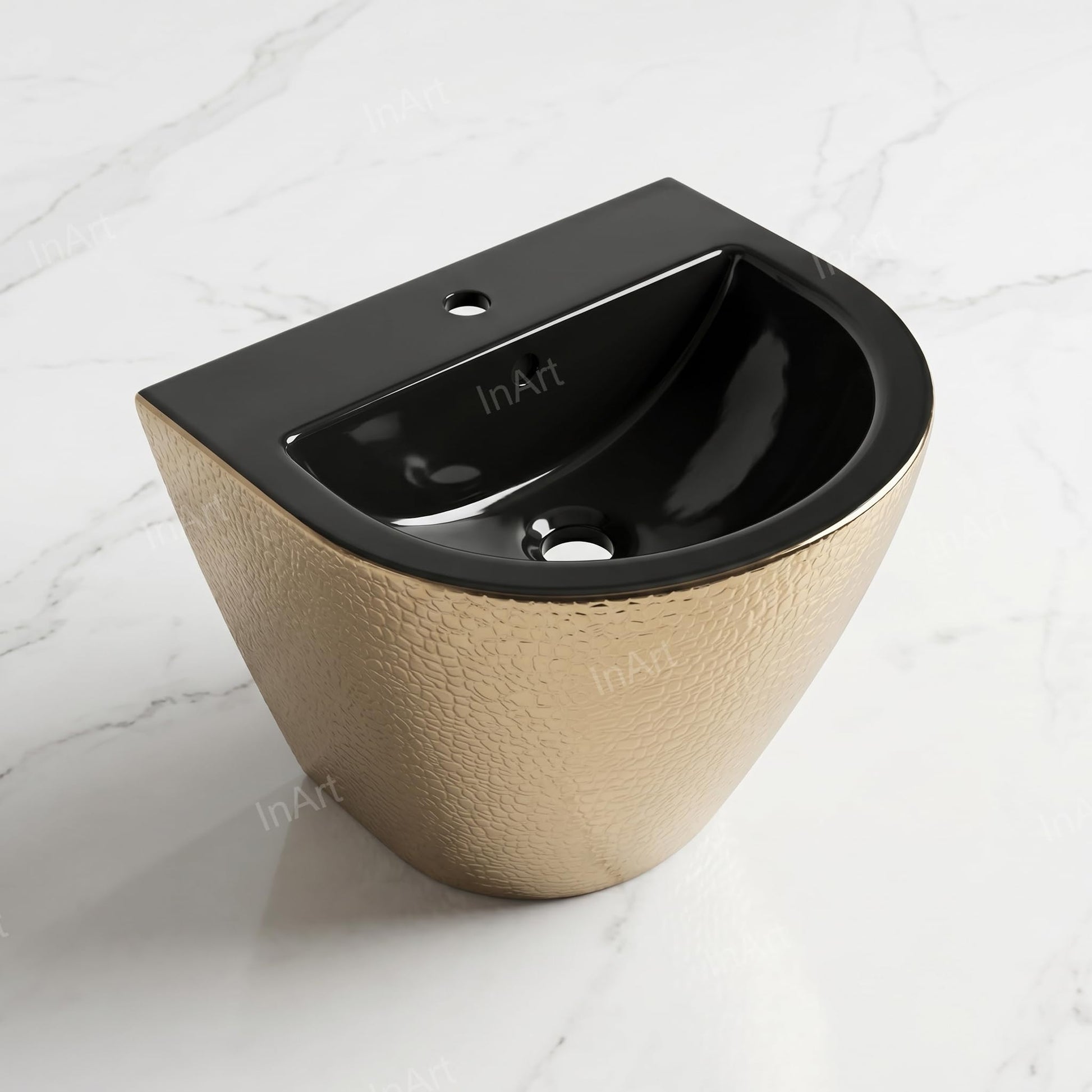 InArt luxury wash basin black gold wall mounted half pedestal, front right angle view for modern bathroom
