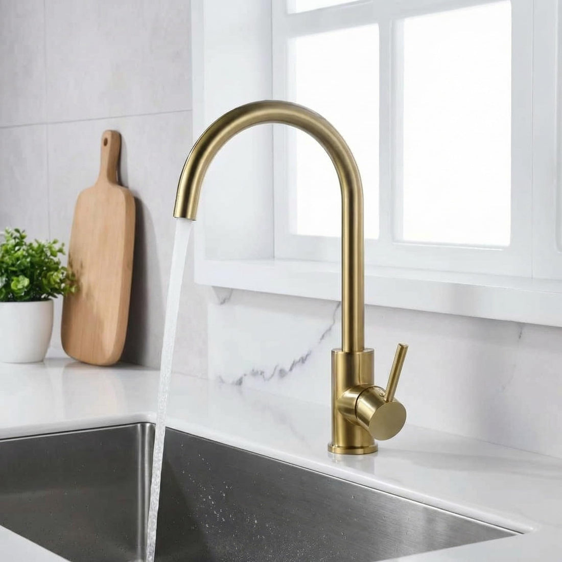 InArt steel tap for kitchen, brushed gold high arc 360° rotatable single lever sink mixer