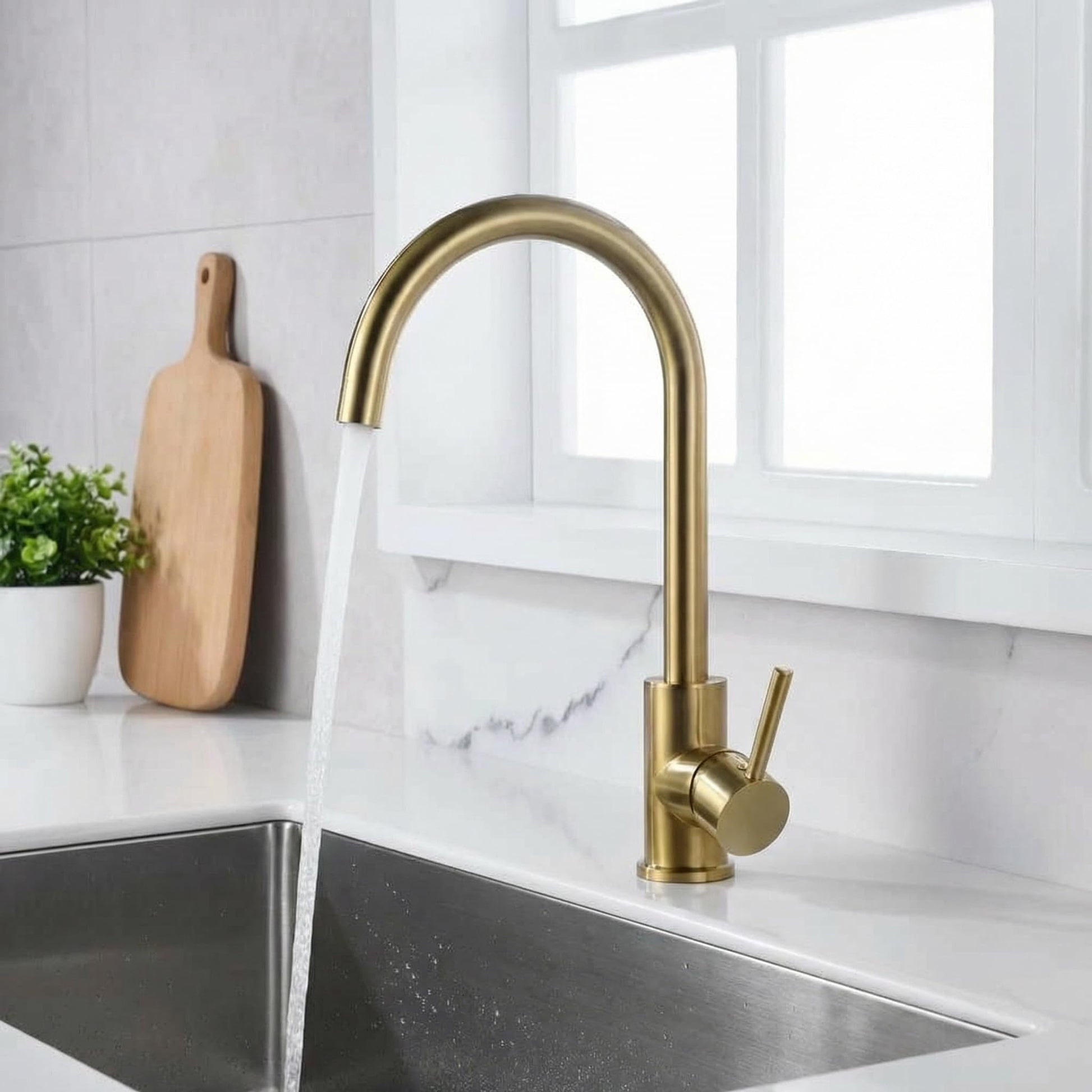 InArt steel tap for kitchen in brushed gold, high arc 360° rotatable single lever sink mixer
