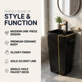 New style modern pedestal wash basin for bathroom, round matte black ceramic single piece, side angle view