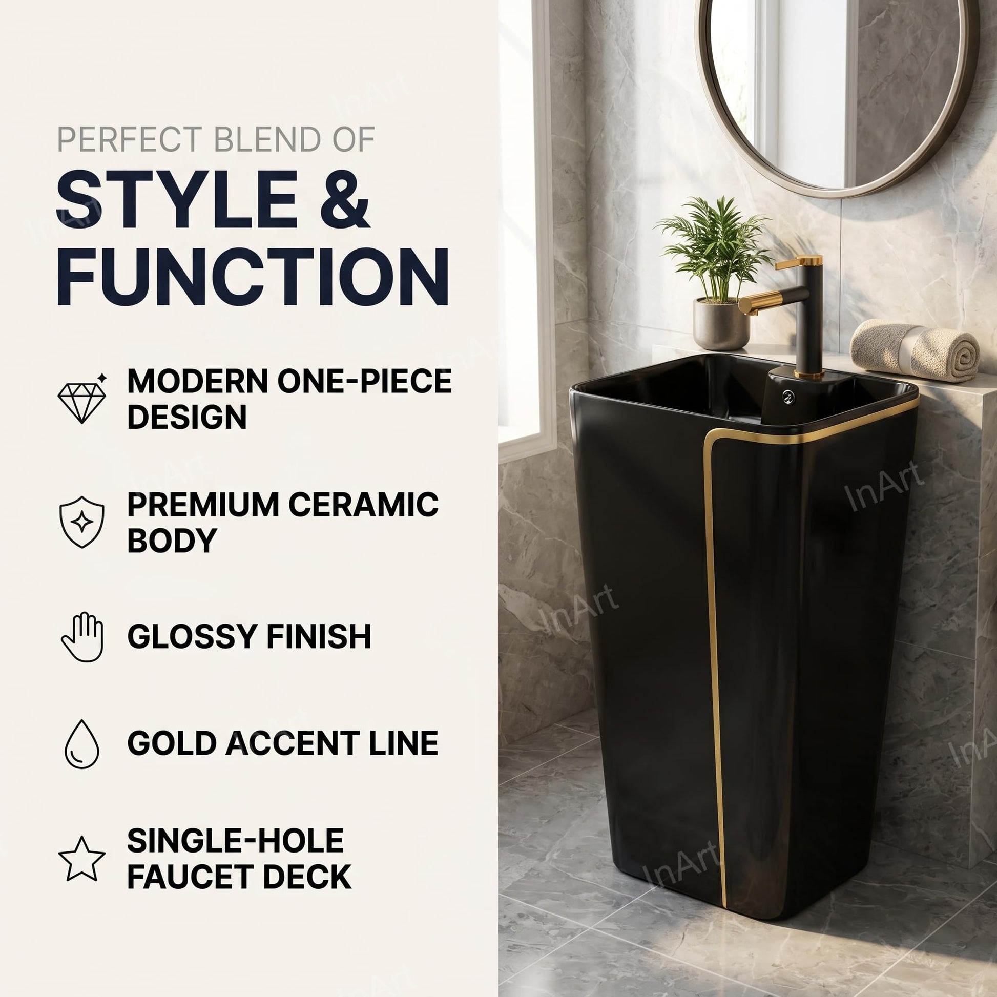 New style modern pedestal wash basin for bathroom, round matte black ceramic single piece, side angle view
