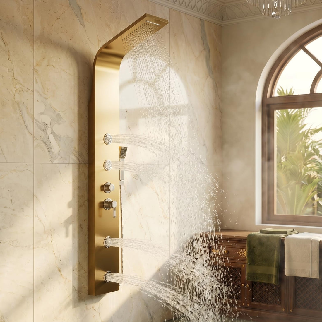InArt shower panel set in brushed gold stainless steel, rectangular 4 in 1 shower system with rainfall head