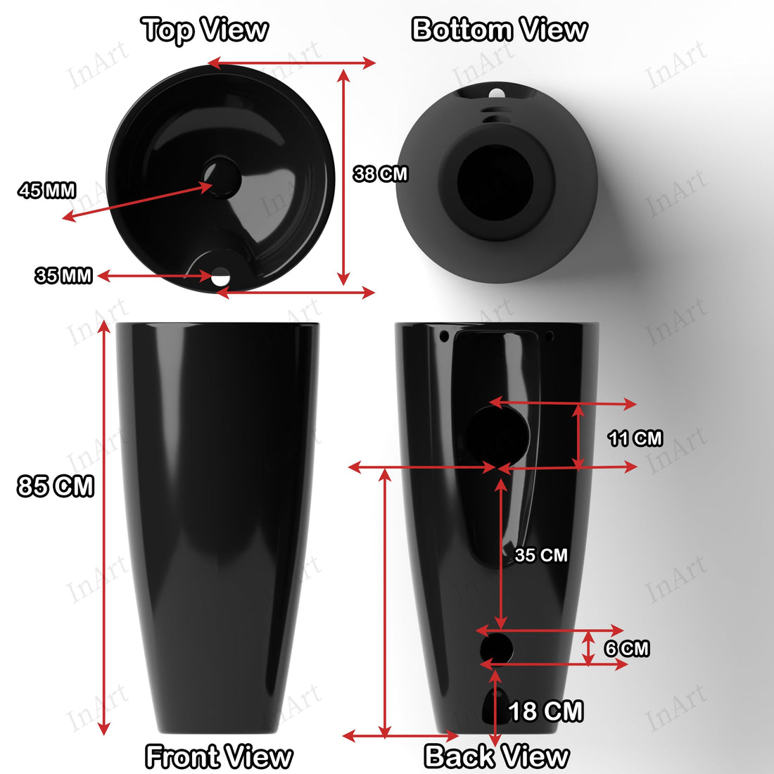 InArt ceramic round pedestal wash basin designs in glossy black, one piece free standing basin front view