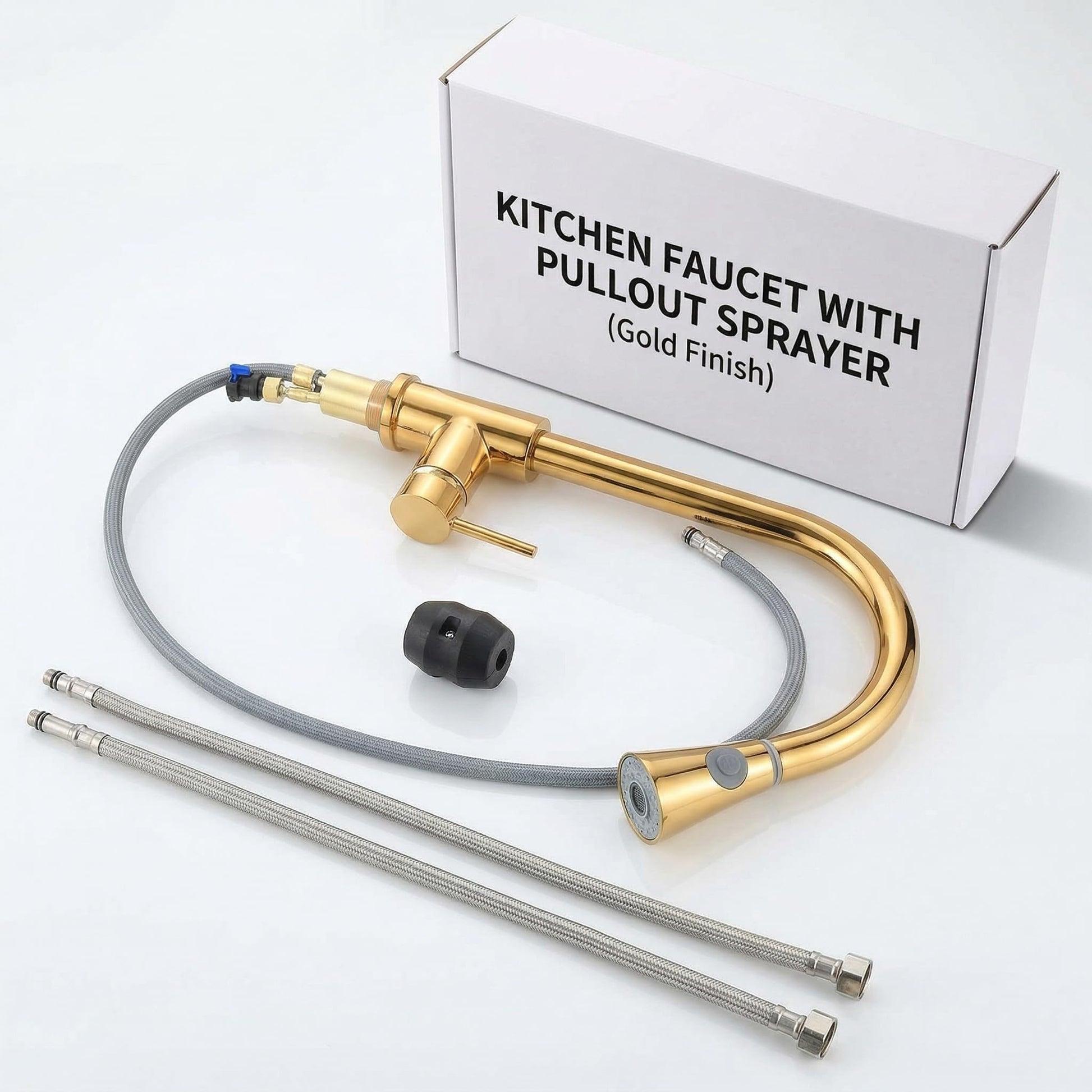Pull out tap for kitchen sink, gold brass gooseneck mixer tap with spray for utensils and veggies
