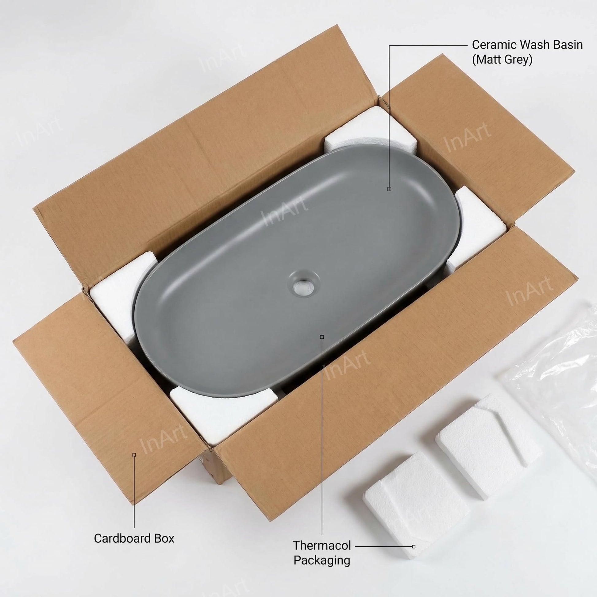 InArt large counter top wash basin for bathroom, rectangular matt grey ceramic top basin 80x40 cm
