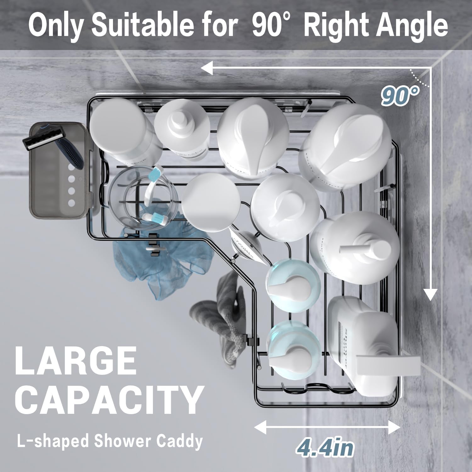 Self adhesive bathroom corner rack installed in a 90-degree inside corner