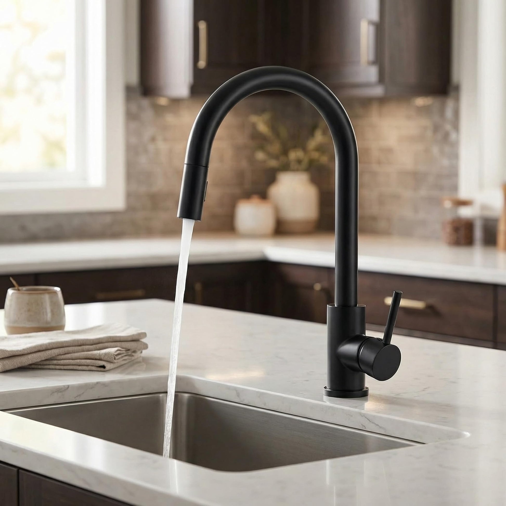Close-up of InArt black kitchen sink mixer handle and matte black coating on stainless steel body