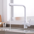 InArt kitchen tap with water filter, brass swan neck 360° swivel spout, white deck mounted 3-way