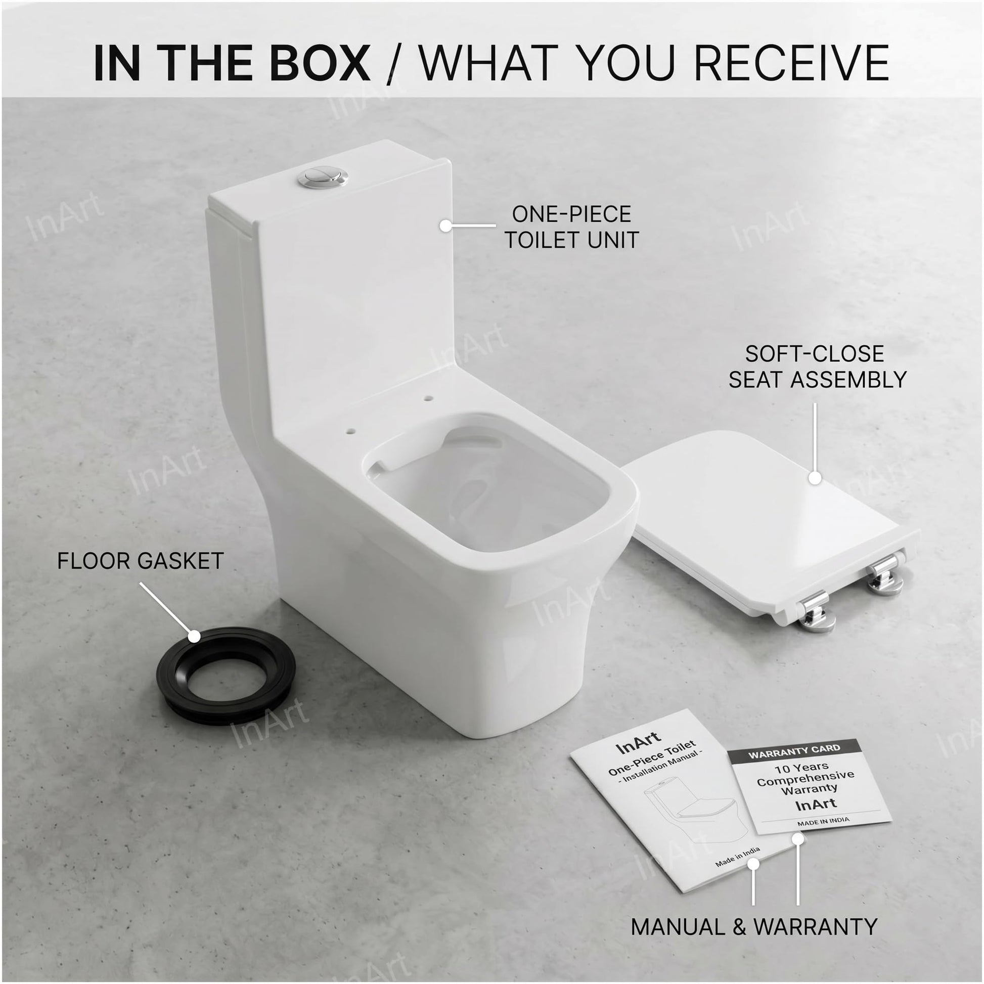 Modern bathroom interior with InArt square western commode, floor mounted one-piece toilet in white