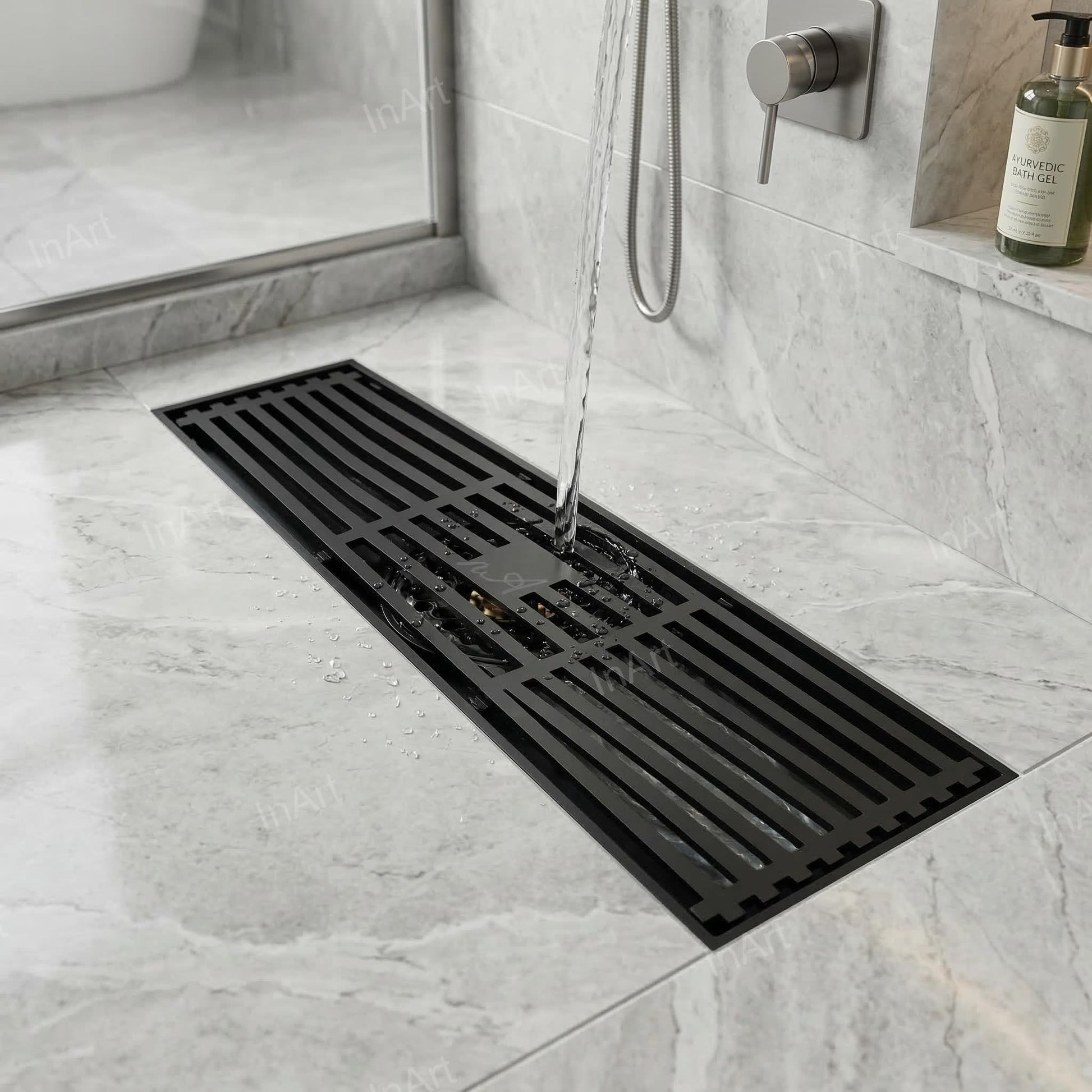 Close-up of anti-foul cockroach trap under square brass floor drain jali, easy-clean design for bathroom