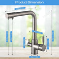 Swan neck sink tap hot and cold, brushed chrome brass kitchen mixer tap shown at side angle