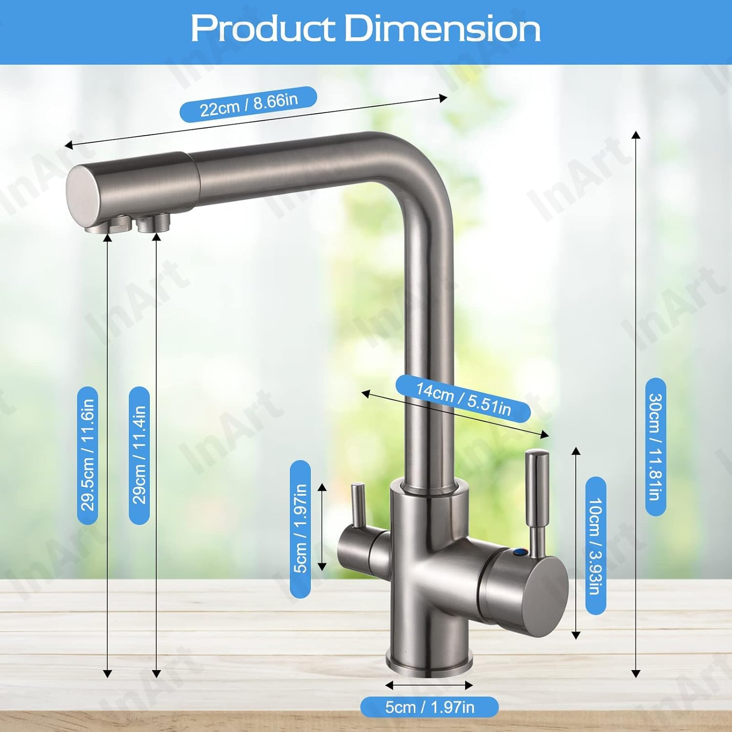 Swan neck sink tap hot and cold, brushed chrome brass kitchen mixer tap shown at side angle