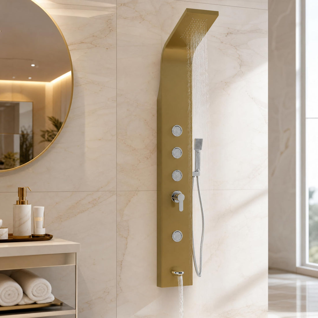 InArt yagatap gold shower tower panel in 304 stainless steel, rectangular 6-in-1 luxury bathroom set