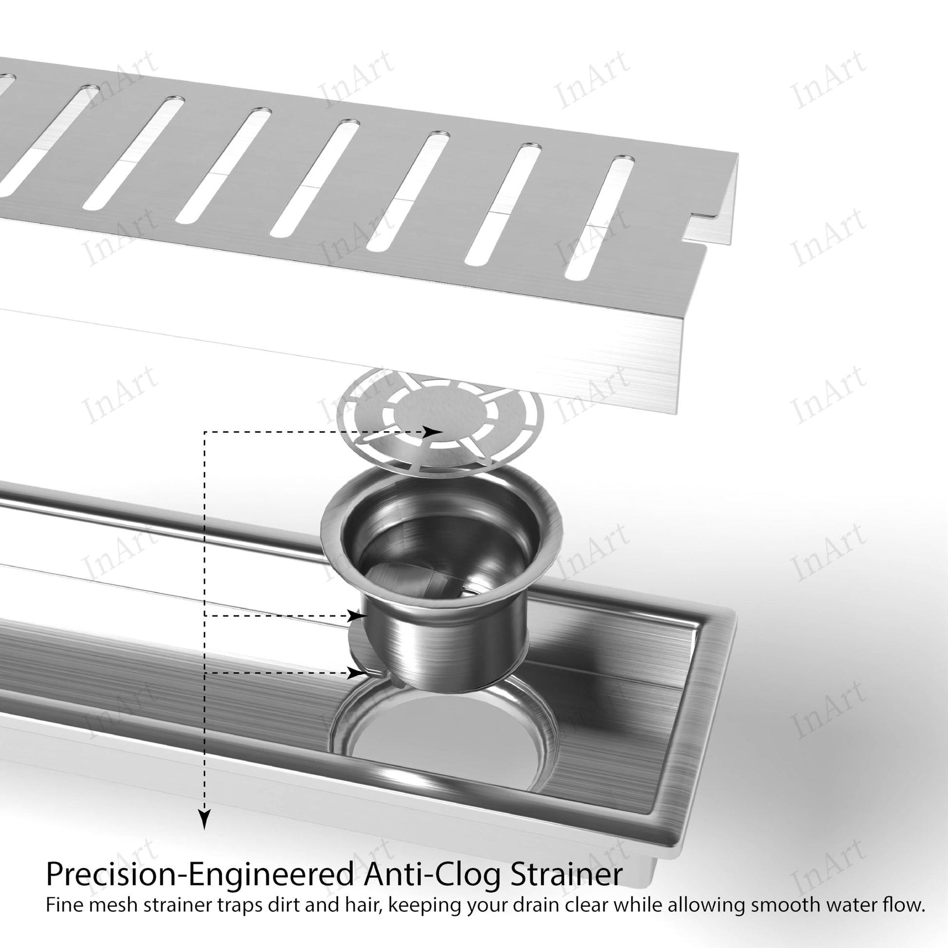 Top view of 18x4 inch stainless steel linear drain jali, durable floor drain channel with 5 year warranty