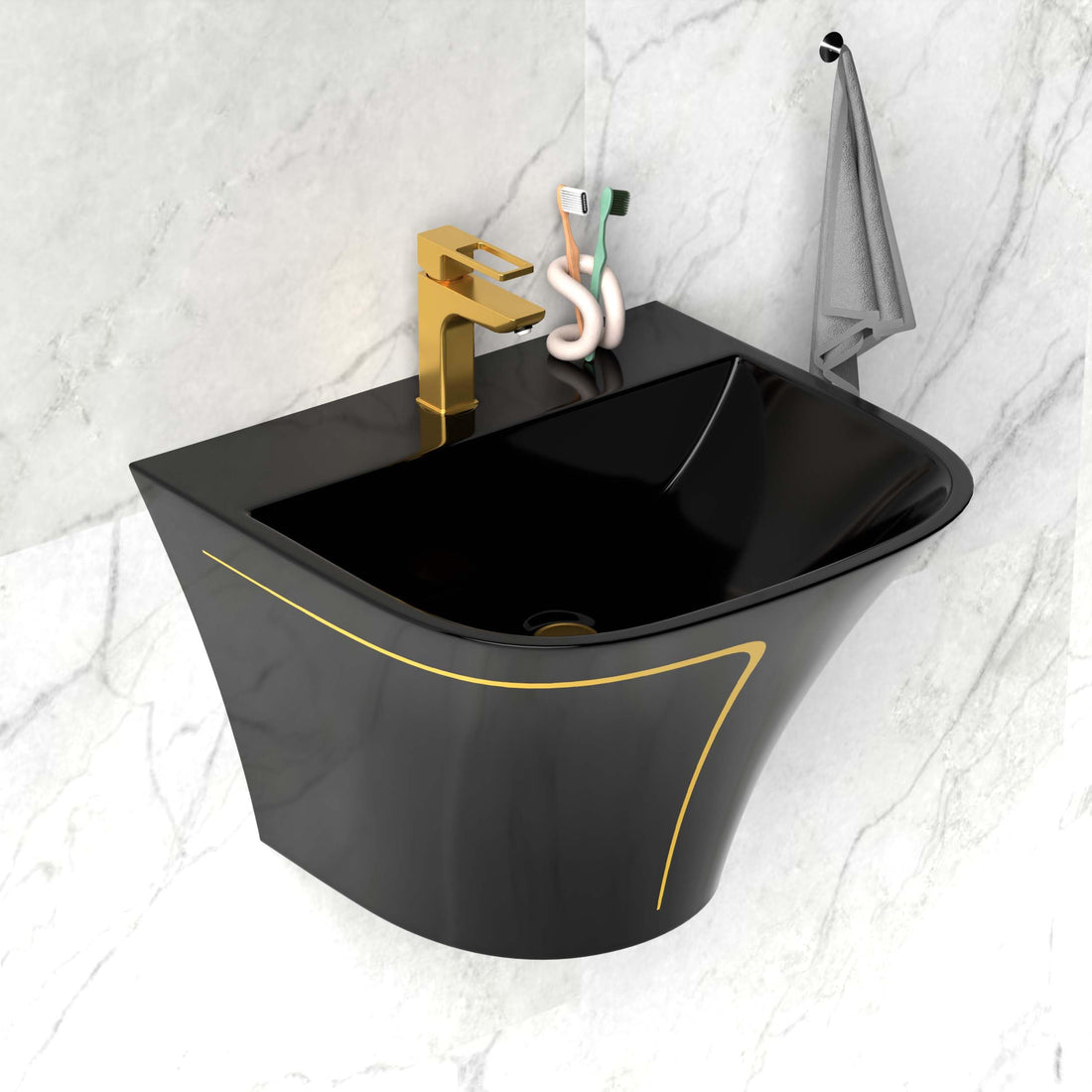 InArt ceramic wash basin design, rectangular wall hung half pedestal basin in glossy black, front view