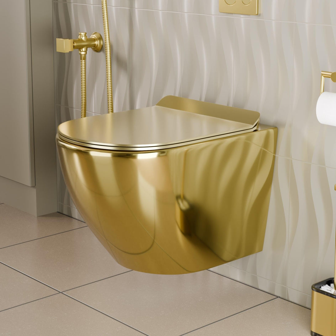 Hindware wall mounted commode style InArt ceramic oval wall hung WC in gold finish, front view